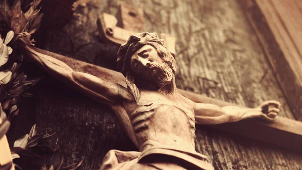 Jesus Cristo Crucificado Uma Antiga Escultura Madeira Detalhes — Fotografia de Stock