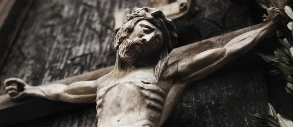 Jesus Cristo Crucificado Uma Antiga Escultura Madeira Detalhes — Fotografia de Stock