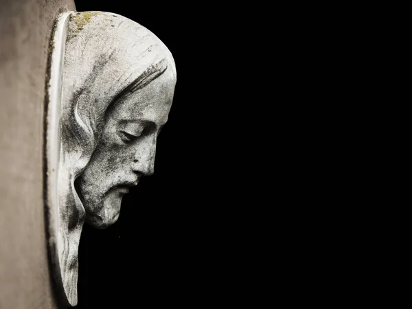 Rostro Jesucristo Perfil Sobre Fondo Negro Estatua Antigua — Foto de Stock