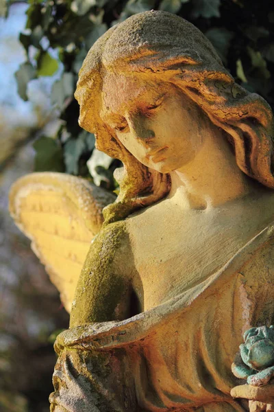 Estátua antiga anjo dourado na luz do sol (Religião, fé, ho — Fotografia de Stock