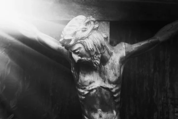 Jésus Christ Crucifié Une Ancienne Sculpture Bois Détails — Photo