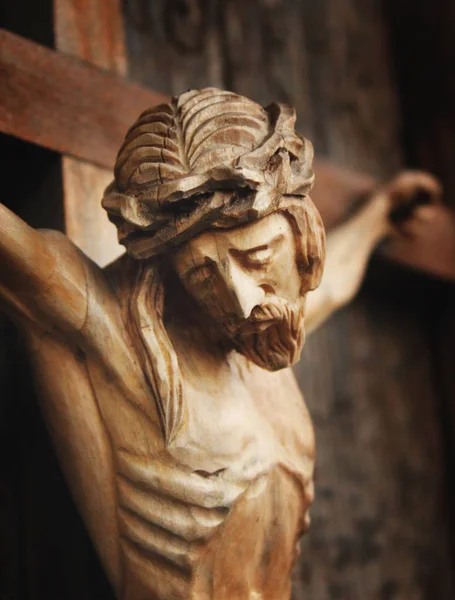 Gesù Cristo Crocifisso Antica Scultura Legno Dettagli — Foto Stock