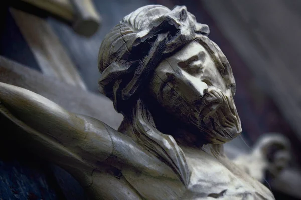 Jesus Cristo Crucificado Uma Antiga Escultura Madeira Detalhes — Fotografia de Stock