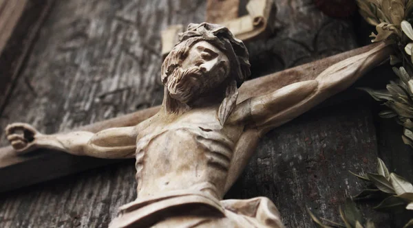 Ježíš Kristus Ukřižován Starobylé Dřevěné Sochy Podrobnosti — Stock fotografie