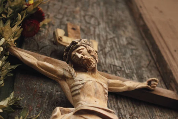 Jesus Christ Crucified Ancient Wooden Sculpture Details — Stock Photo, Image