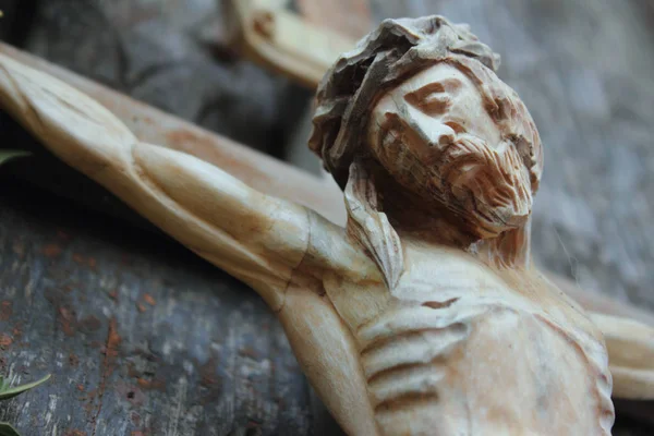 Jésus Christ Crucifié Une Ancienne Sculpture Bois Détails — Photo
