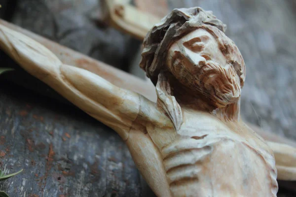 Jesucristo Crucificado Una Antigua Escultura Madera Detalles — Foto de Stock