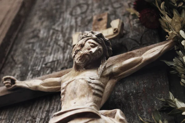 Jesus Cristo Crucificado Uma Antiga Escultura Madeira Detalhes — Fotografia de Stock