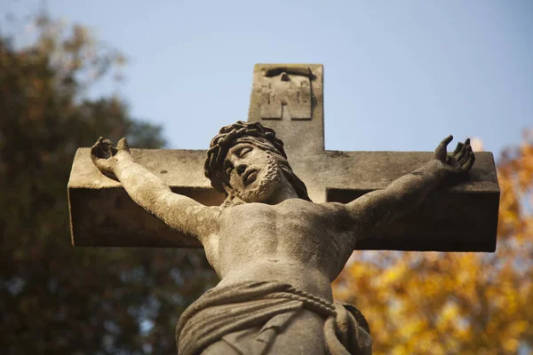 Sufrimiento Muerte Jesucristo Vista Desde Parte Inferior Antigua Estatua Religión Imagen de stock