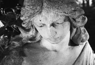 Bir mezarlık yaprakları (Ayrıntılar arka planı üzerinde üzgün bir melek Vintage görüntüsü)