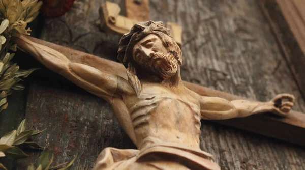 Jesus Christ Crucified Ancient Wooden Sculpture Details — Stock Photo, Image