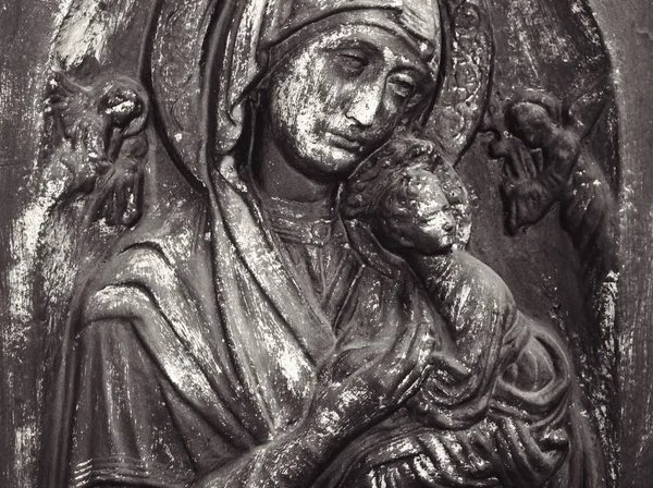 Estatua Antigua Virgen María Con Bebé Jesucristo Religión Vida Eterna — Foto de Stock