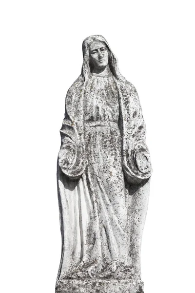 Starověké Socha Panny Marie Bílém Pozadí — Stock fotografie