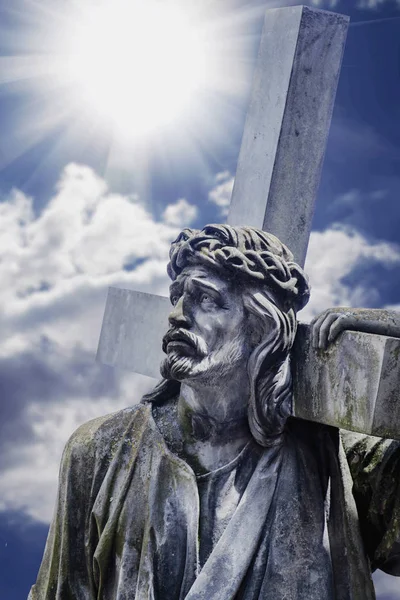 Strada Golgota Antica Statua Gesù Cristo Con Croce Santa Fede — Foto Stock