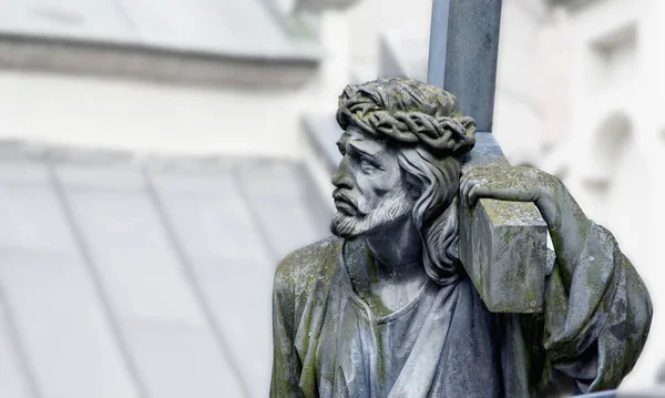 Antigua Estatua Jesucristo Con Cruz Santo Religión Dios Concepto Sufrimiento — Foto de Stock