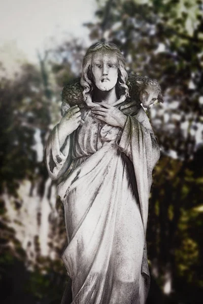 Jesus Christus Der Gute Hirte Antike Statue Details — Stockfoto