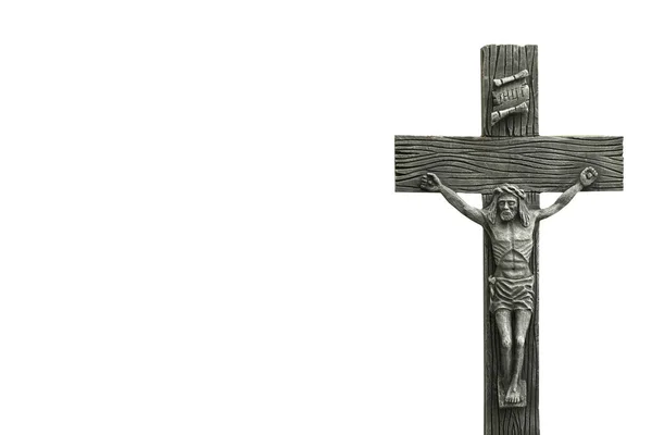 Jesus Cristo Crucificado Sobre Fundo Branco Uma Antiga Escultura Madeira — Fotografia de Stock