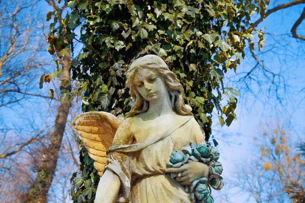 受到的背景下深叶 阳光的照射的金色天使雕像 壮丽景色 戏剧性的不寻常一幕 美人的塑像 复古的筛选器和复古风格 — 图库照片