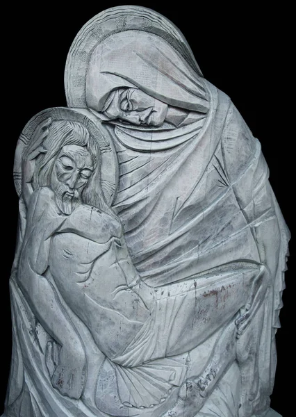 Sølvstatue Jomfru Maria Med Jesus Kristus Armene Korsfæstelse Smerte Død - Stock-foto