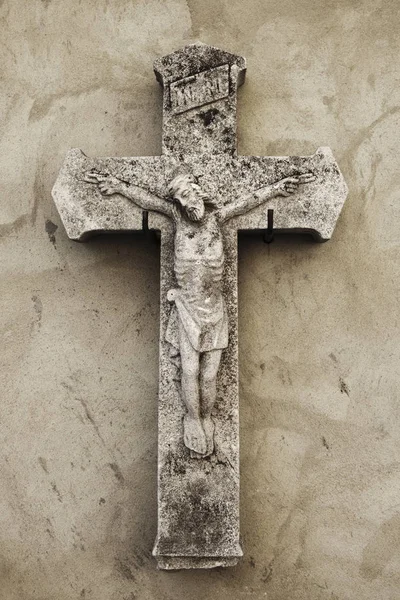 Estatua Antigua Santa Cruz Con Jesucristo Crucificado Detalles —  Fotos de Stock