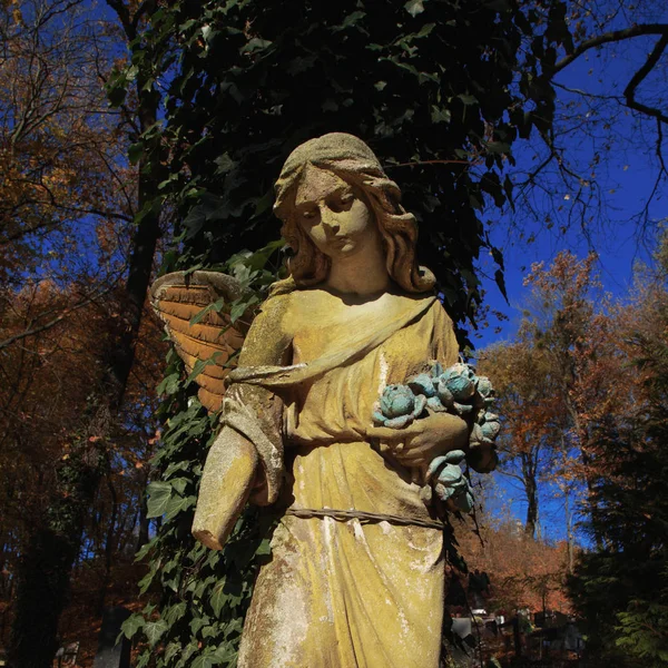 濃い葉の背景に太陽の光に照らされた黄金の天使の像の雄大な眺め 劇的な珍しいシーン 美の女神 レトロなフィルターとビンテージ スタイル — ストック写真