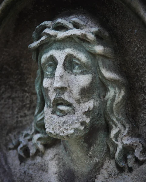 Estátua Jesus Cristo Contra Fundo Pedra Cinzenta Com Espaço Para — Fotografia de Stock