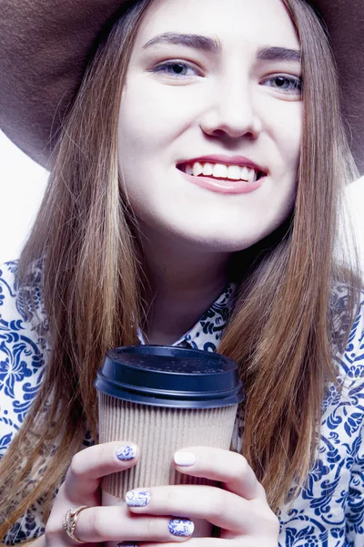 Descanso Descansos Café Trabajo Una Hermosa Mujer Negocios Feliz Sombrero — Foto de Stock