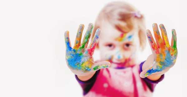 Little Cute Child Girl Showing Painted Hands Education School Art — Stock Photo, Image