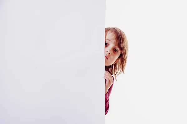 Banner Surprised Little Cute Child Girl Peeking Edge Copyspace — Photo