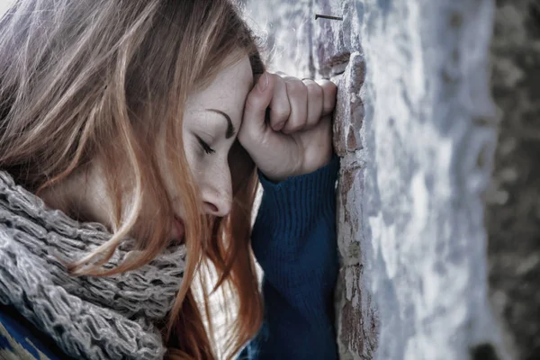 Stressed Business Woman Leaning Wall Depression Frustration Problems Concept — Stock Photo, Image