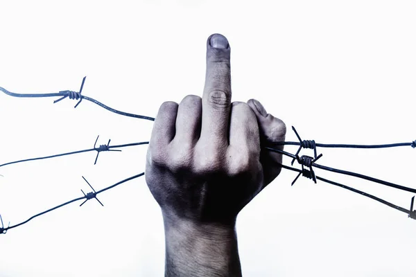 Fuck System Concept Man Barbed Wire Shows Middle Finger Gesture — Fotografia de Stock