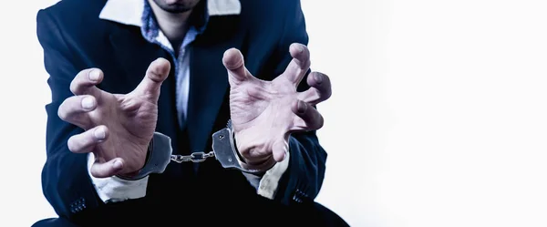 Portrait Handcuffed Criminal Man Imprisoned Arrest Gangster Pain Concept — Stock Photo, Image