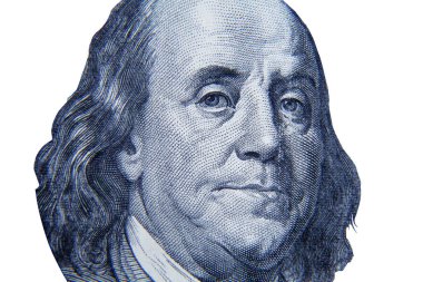 Benjamin Franklin 100 Amerikan Doları banknotunda. Birleşik Devletler 'in parası. Makro görüntü beyaz arkaplanda izole edildi. İş ve finans kavramı.