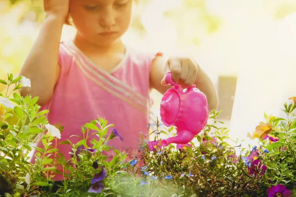 Starat se o květiny. Malé krásné dítě dívka zalévání květiny — Stock fotografie