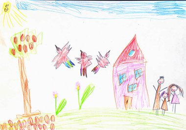 Dünya bir çocuğun gözlerinden. Bir ailenin çocuk çizimi.