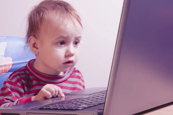 Criança programador menina trabalhando com laptop. Foto bem-humorada — Fotografia de Stock
