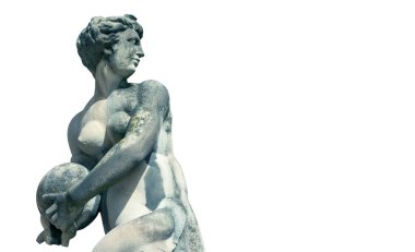 Toprak Tanrıçası Gaia (Yunan mitolojisi). Gaia 'nın antik taş heykeli Dünya' yı korumak ve korumak için Dünya 'yı elinde tutuyor. Yatay resim.