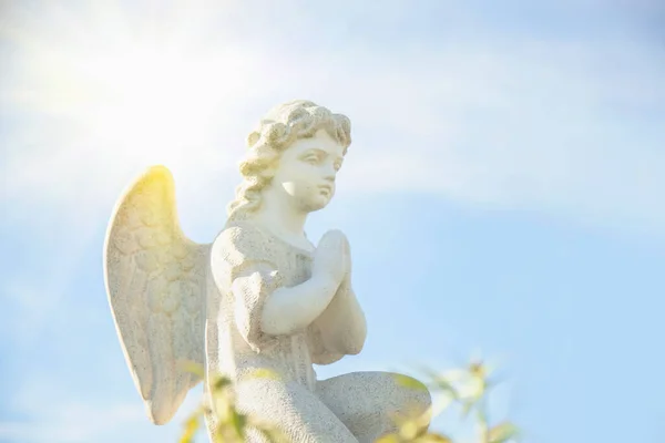 Oude Standbeeld Van Kleine Bewakers Engel Bloemen Het Zonlicht Liefde — Stockfoto