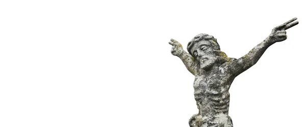 Antigua Estatua Piedra Crucifixión Muerte Jesucristo Aislada Sobre Fondo Blanco —  Fotos de Stock