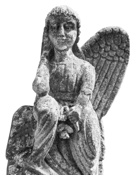 天使的近身 一只翅膀断了 白色背景下孤立的泡状古石像的单色图像 — 图库照片
