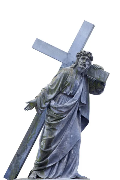 十字架につけられたイエス キリストと聖なる十字架 白地に隔離された古代の石像 — ストック写真