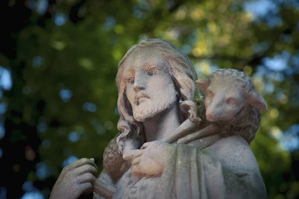 Ancienne Statue Pierre Jésus Christ Est Bon Pasteur Avec Les — Photo