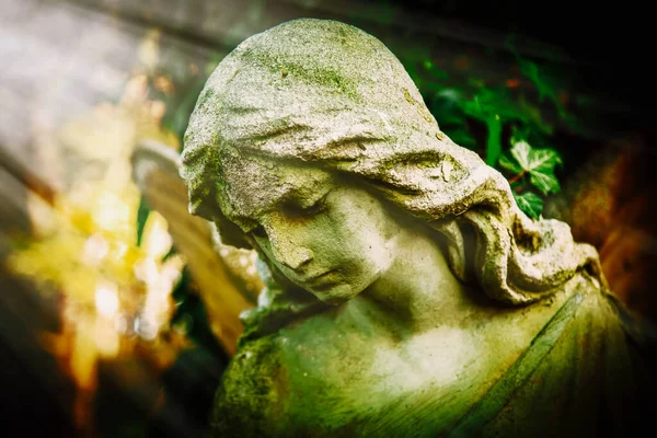 Statua Antica Meraviglioso Angelo Raggi Del Sole Sfondo Verde Architettura — Foto Stock