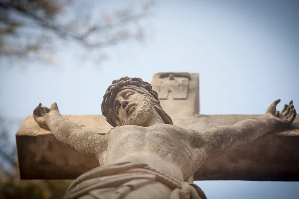 Suffering Death Jesus Christ View Bottom Ancient Stone Statue — Stock Photo, Image