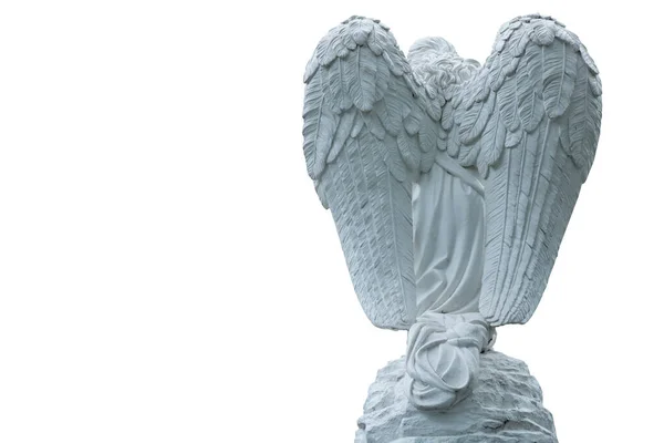 Antica Statua Pietra Angelo Isolato Sfondo Bianco Vista Posteriore Spazio — Foto Stock