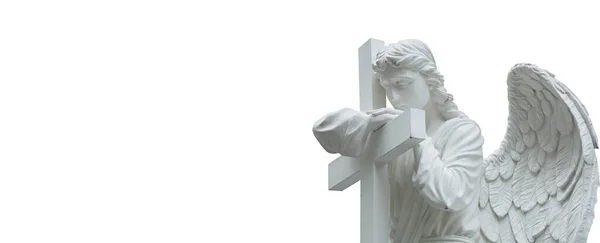 Ангел Крыльями Белом Фоне Свободное Пространство Дизайна Текста Статуя Древнего — стоковое фото