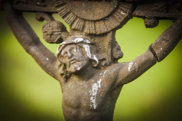 Very Ancient Iron Statue Crucifixion Jesus Christ Faith Religion Suffering — Stock Photo, Image
