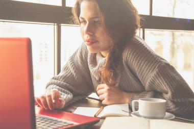 Kafede dizüstü bilgisayarla çalışan güzel bir kadın serbest yazar. Yatay resim.