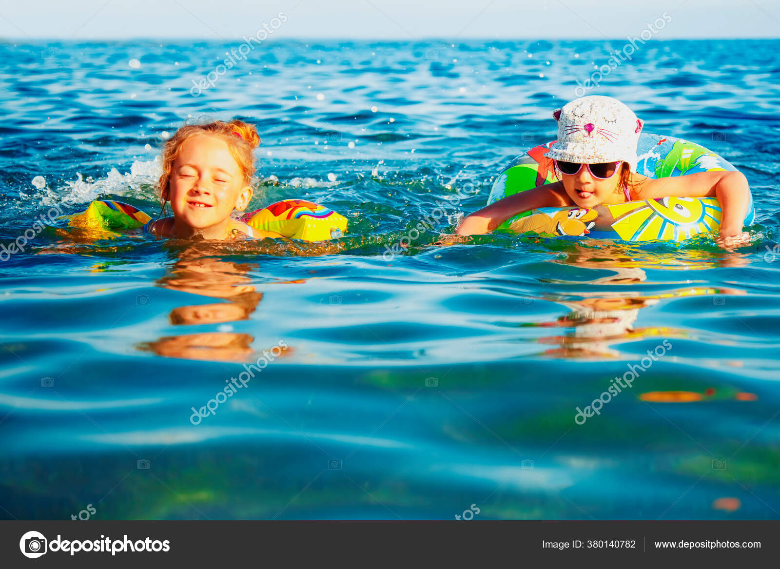 Twoo Happy Child Girls Swimming Sea Kids Having Fun Outdoors Stock Photo C Zwiebackesser 380140782