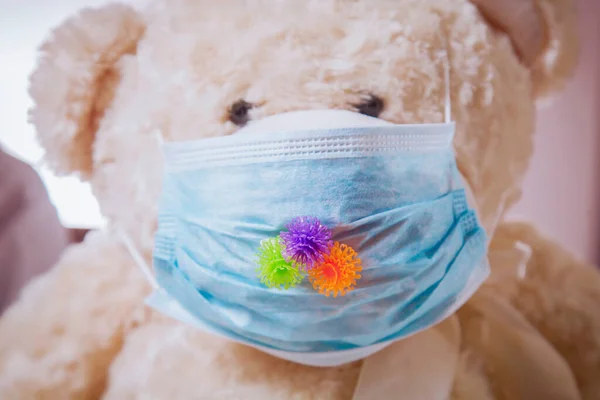 Koncept Koronaviru Znečištění Ovzduší Pm2 Zavřít Hračku Medvídek Ochranné Masce — Stock fotografie